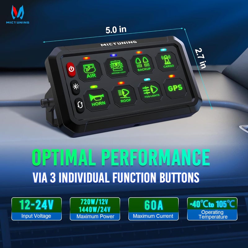 MICTUNING P1B 8 Gang Switch Panel, Toggle Touch On Off Circuit Control Relay Box Color Coded LED Indicator with Backlight Off, Multifunction System for Car Truck Off Road Marine, Green - Image 4